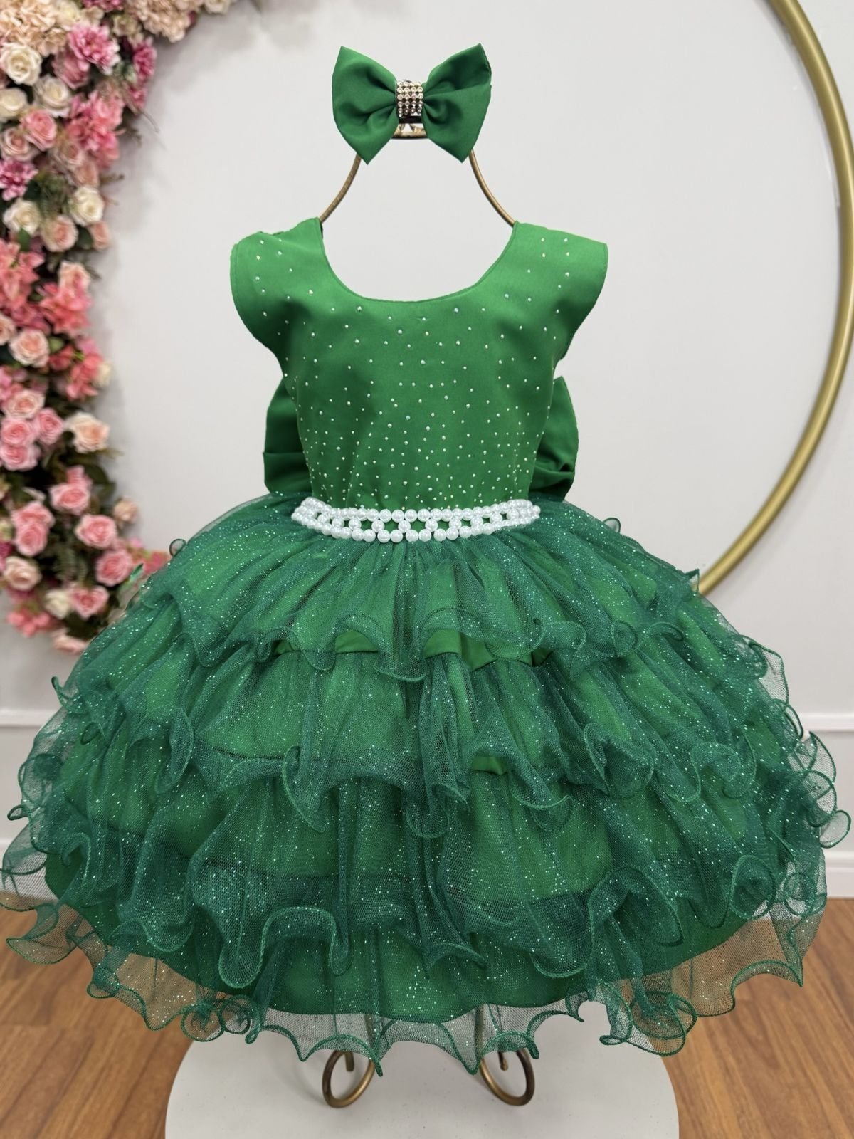 Infantil - Vestido Festa Verde Oliva Bandeira Brilho Formatura Casamento Dama Daminha Social Menina Juvenil Pérolas Juvenil Princesa Rodado Florista Aniversário Luxo