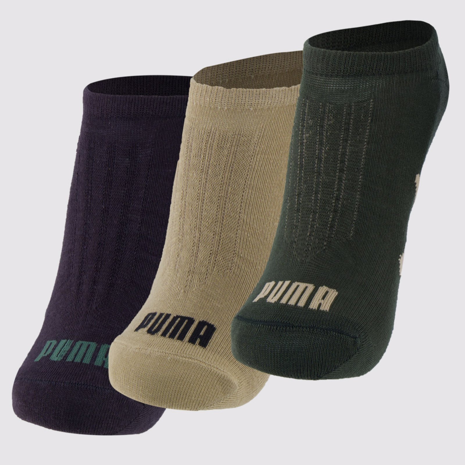 Vista 2 Kit Meia Puma Sapatilha Invisível 3 Pares Bege e Cinza verde Puma verde