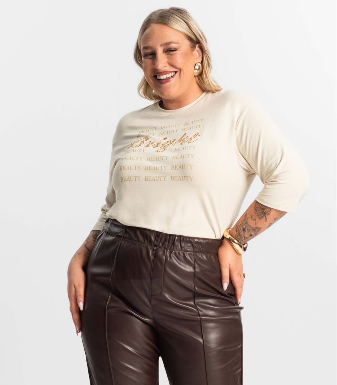 Blusa Feminina Plus Size Manga 3/4 Secret Glam Bege
