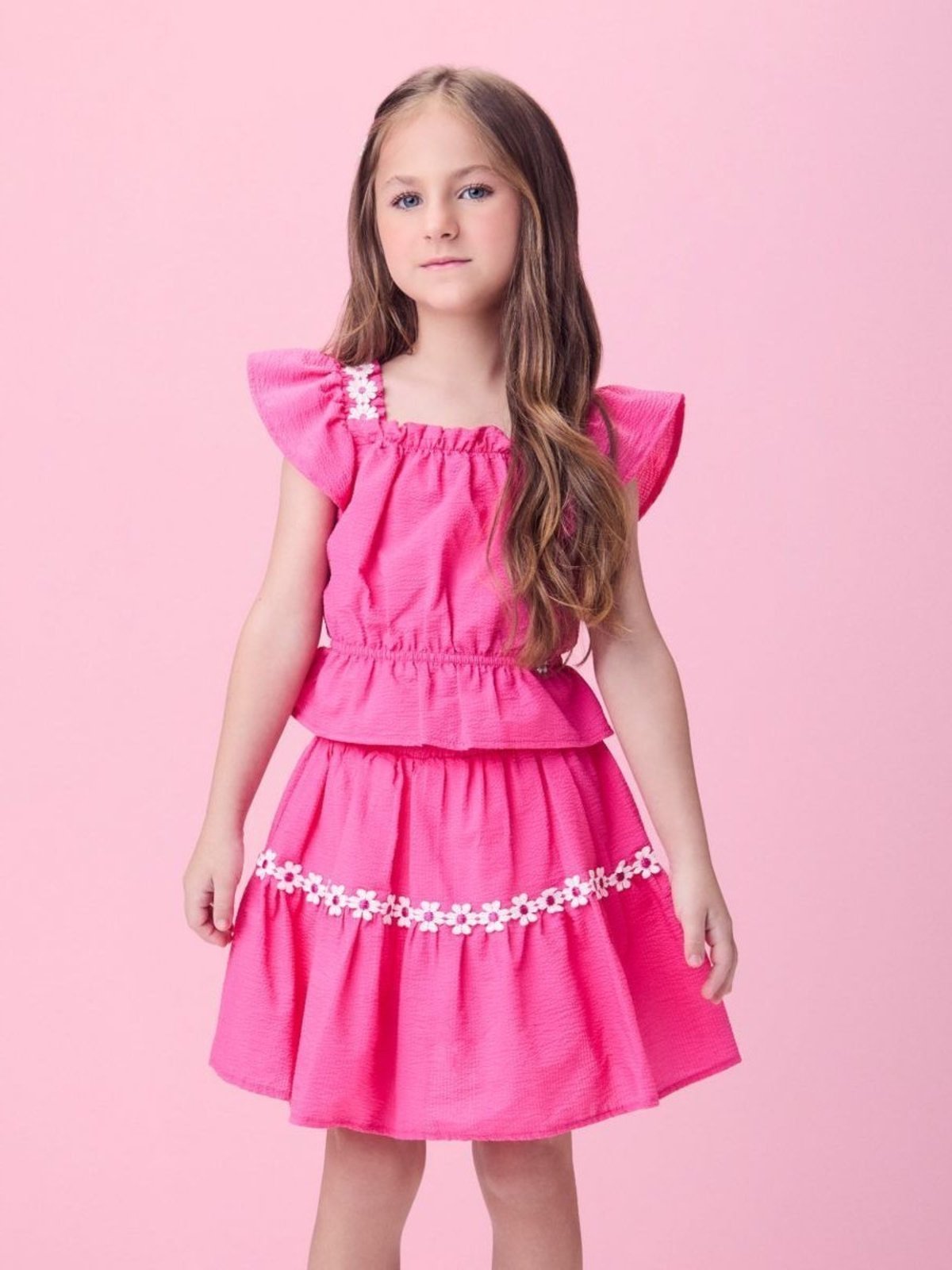 Infantil - Conjunto Anarrugado Rosa com Flores