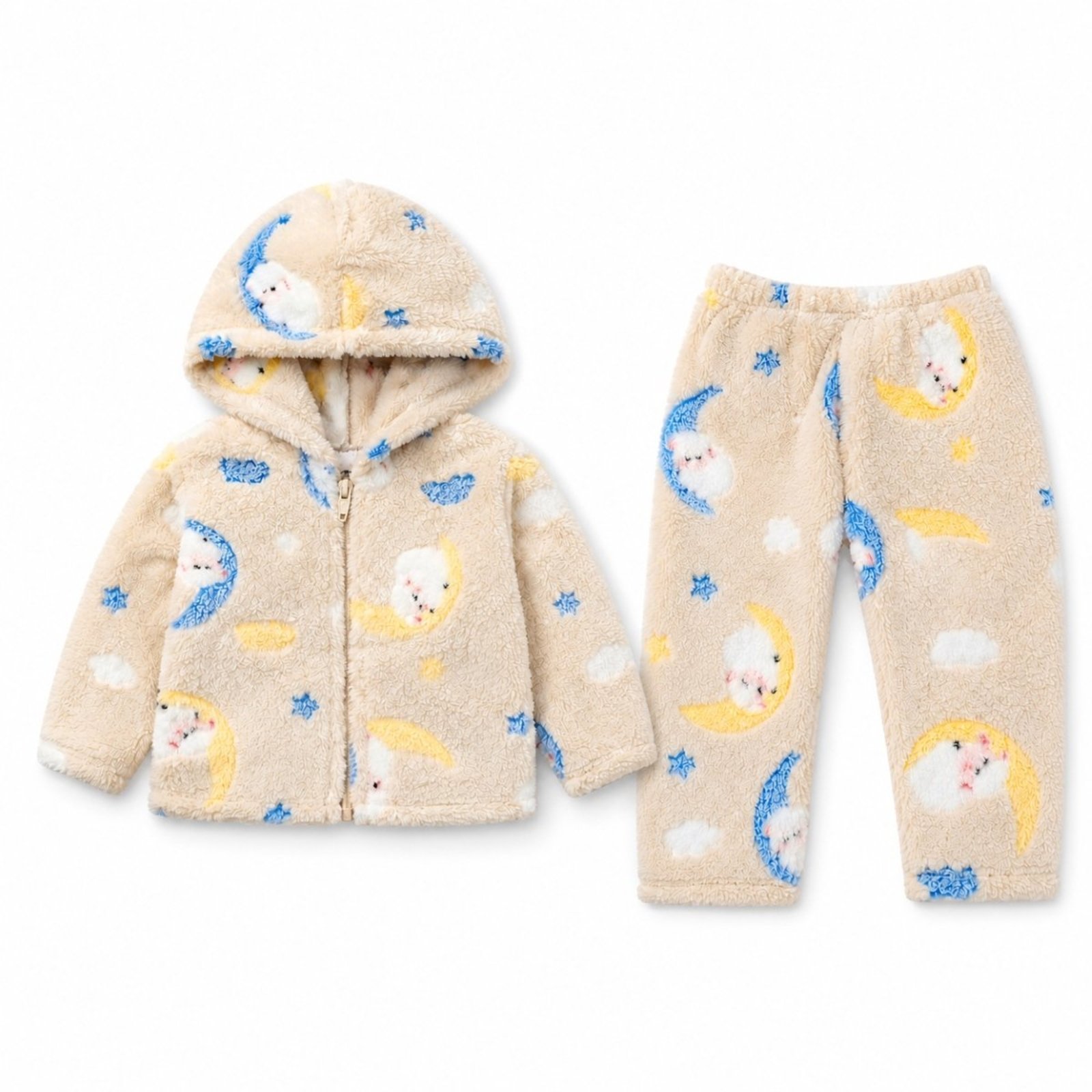 Infantil - Conjunto Plush Peluciado Capuz Com Zíper Casaco e Calça CÉU BEGE