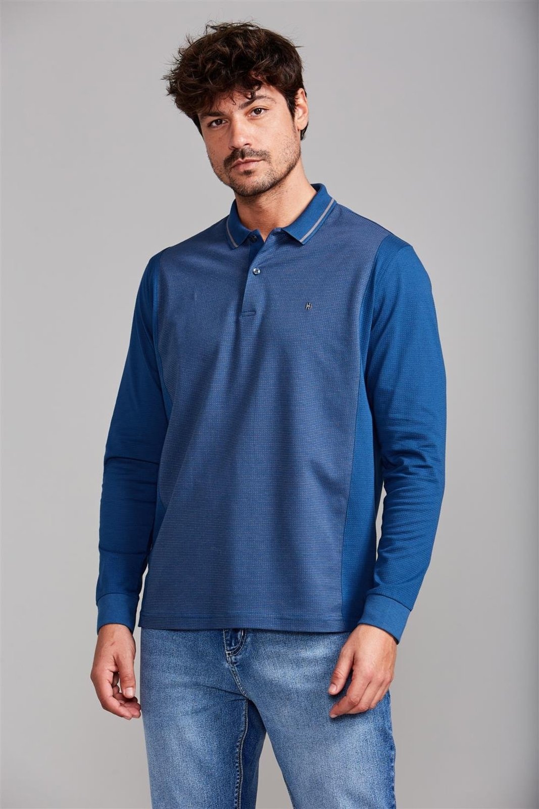 HIGHSTIL Camisa Polo Manga Longa Jacquard Comfort – Azul Noturno / Cinza Concreto