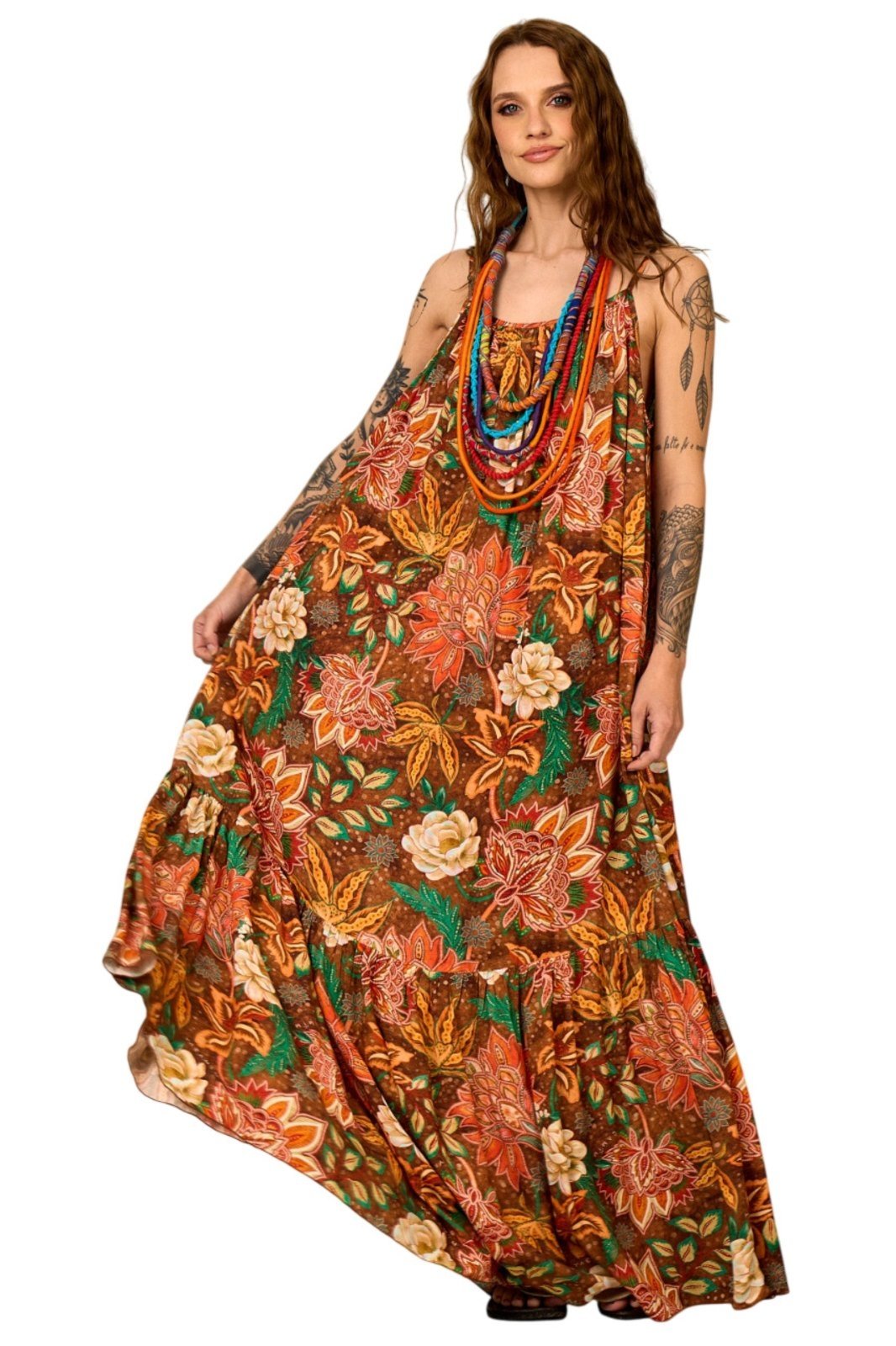 Vestido Longo De Alças Reguláveis Marrom Floral Yacamim E26 – Estampado
