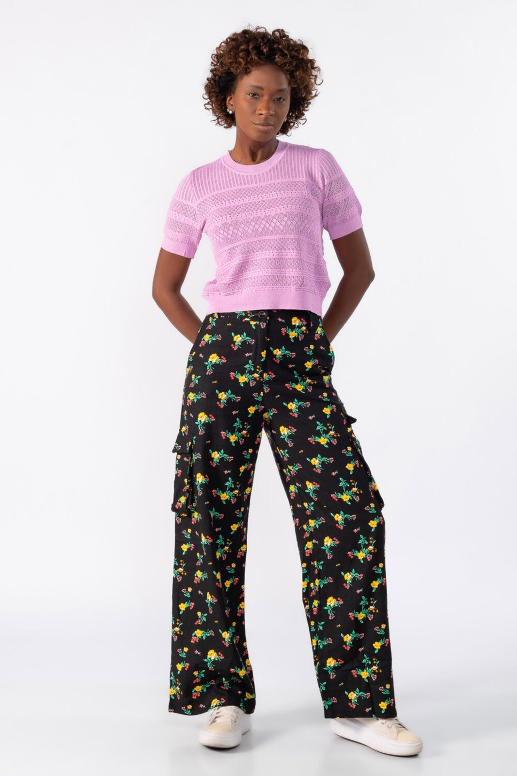 Blusa curta de tricot trabalhado Roxo