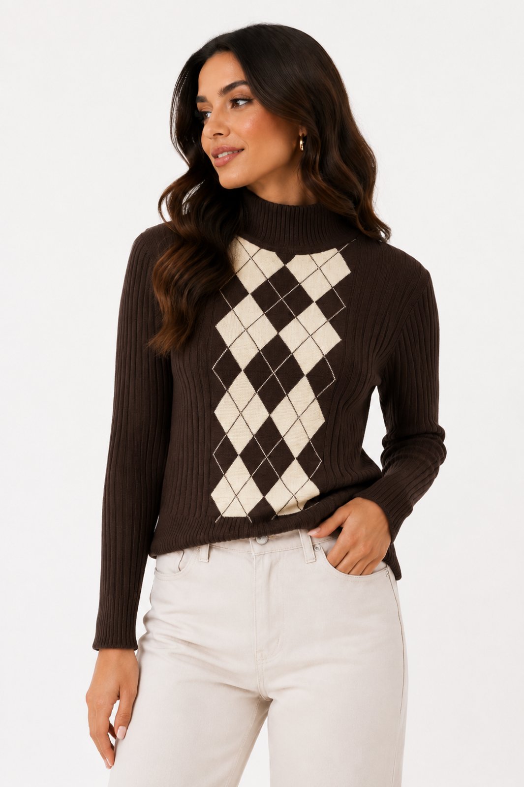 Blusa Tricôt D Bell Outlet Fashion Argyle Chocolate