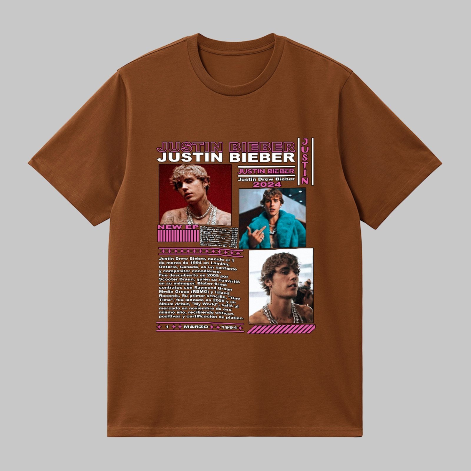 Camiseta Básica Justin Bieber Visual Pop Contemporâneo Unissex Marrom