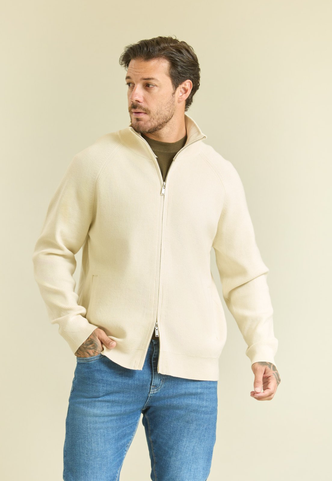 Jaqueta Tricot Masculina Zíper Duplo Bege Dialogo