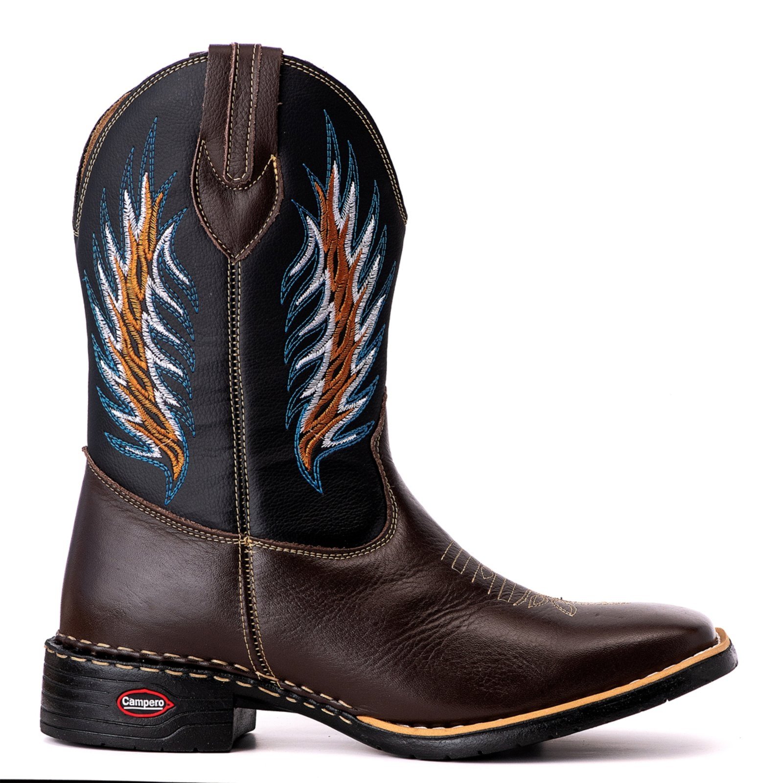 Bota Texana Couro Campero Bico Quadrado Bordada Café