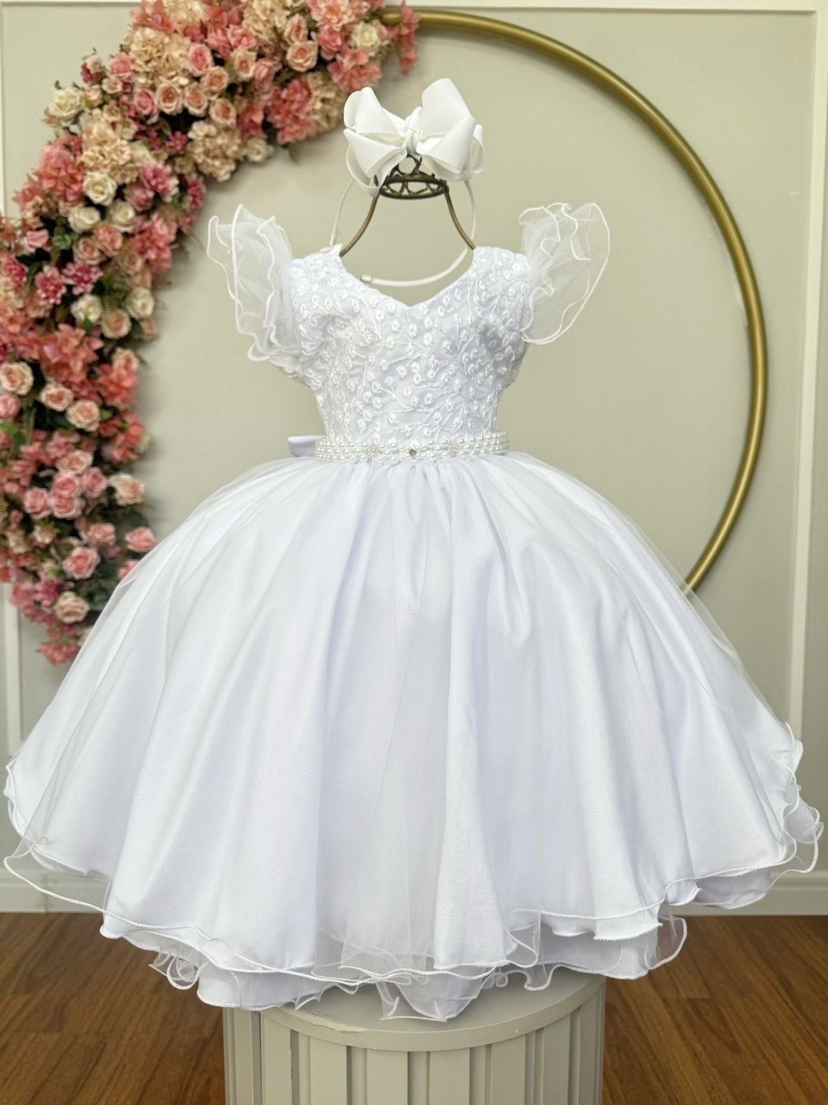 Infantil - Vestido Festa Branco Renda Pérolas Formatura Florista Casamento Dama Daminha Social Menina Juvenil Princesa Rodado Aniversário Luxo