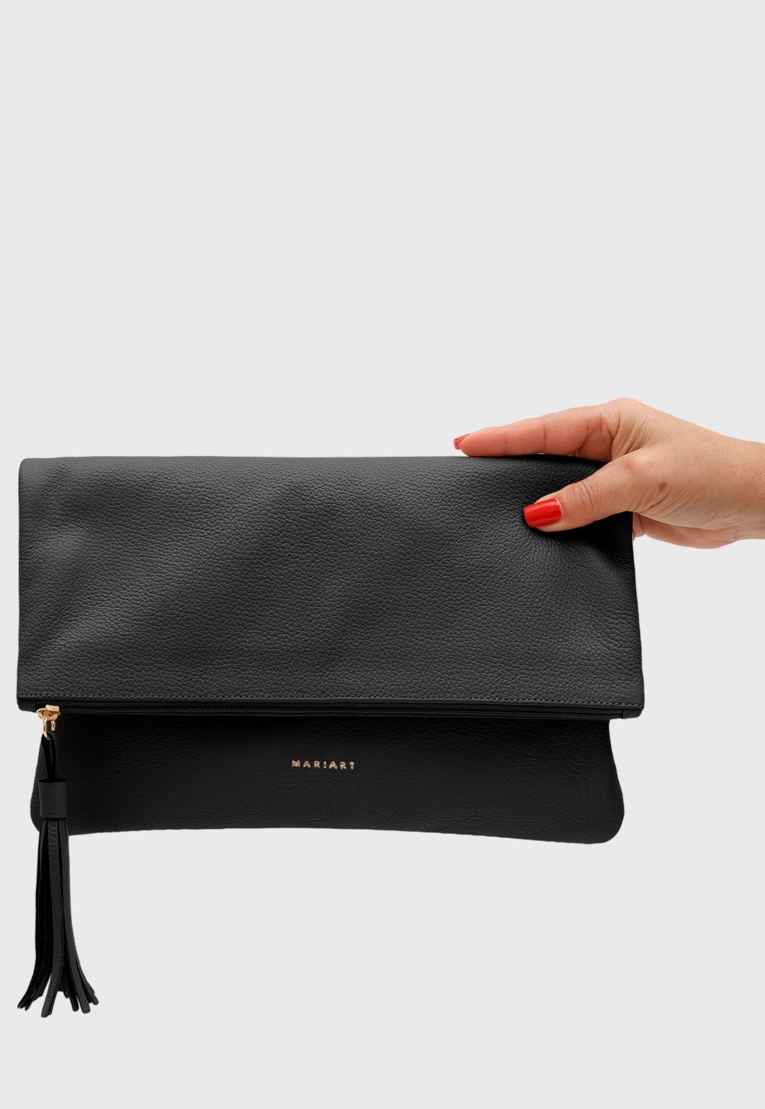 Vista 3 Bolsa Carteira Clutch Couro Mariart Hibisco Preta preto preto