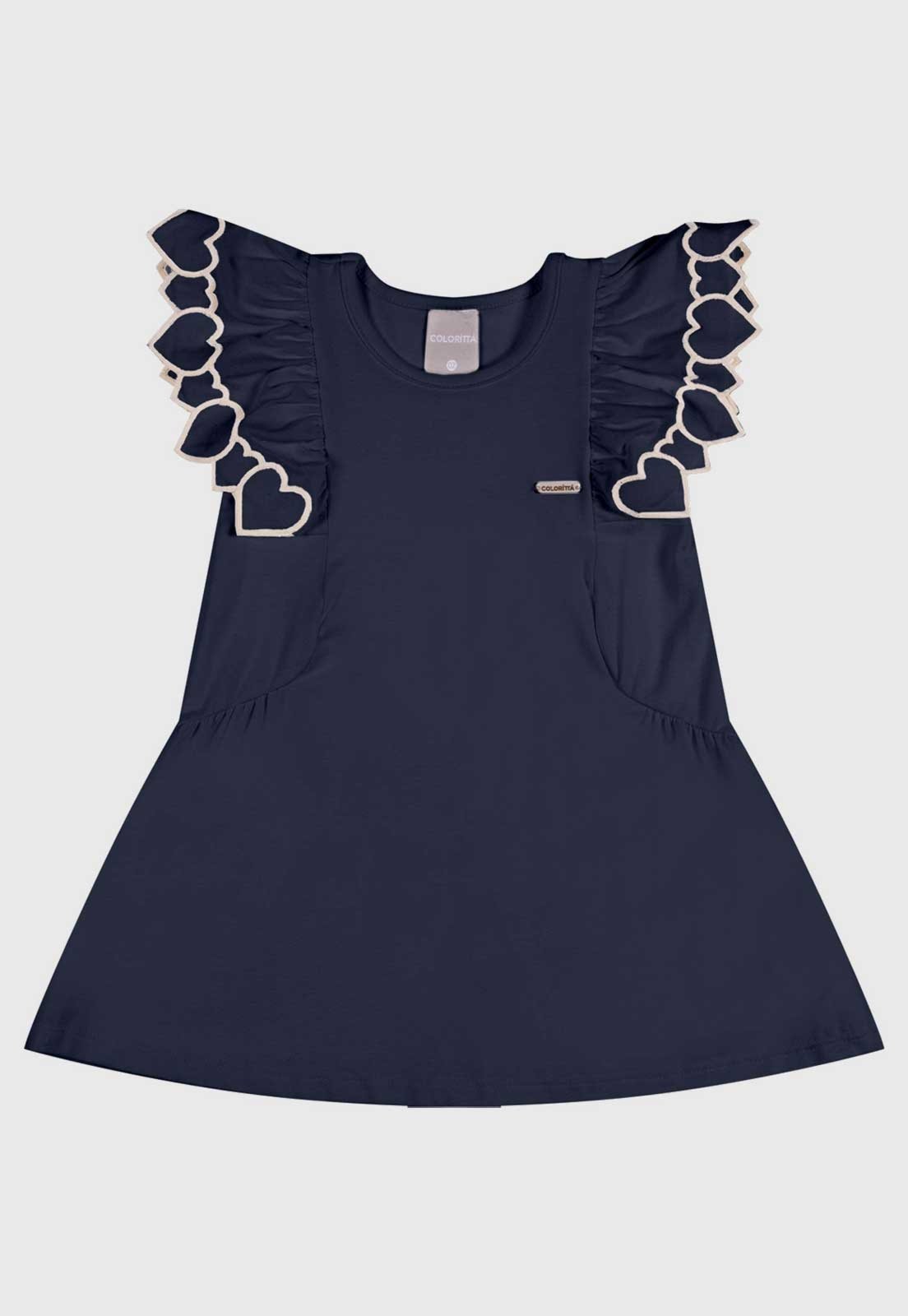 Vestido Colorittá Alças Babado Corações Azul Escuro