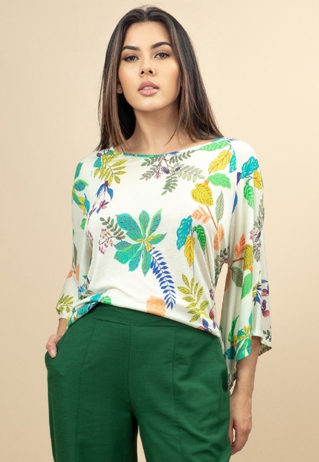 Blusa Caiobá Morcego Asa Delta Fibra de Bambu Estampa Florida