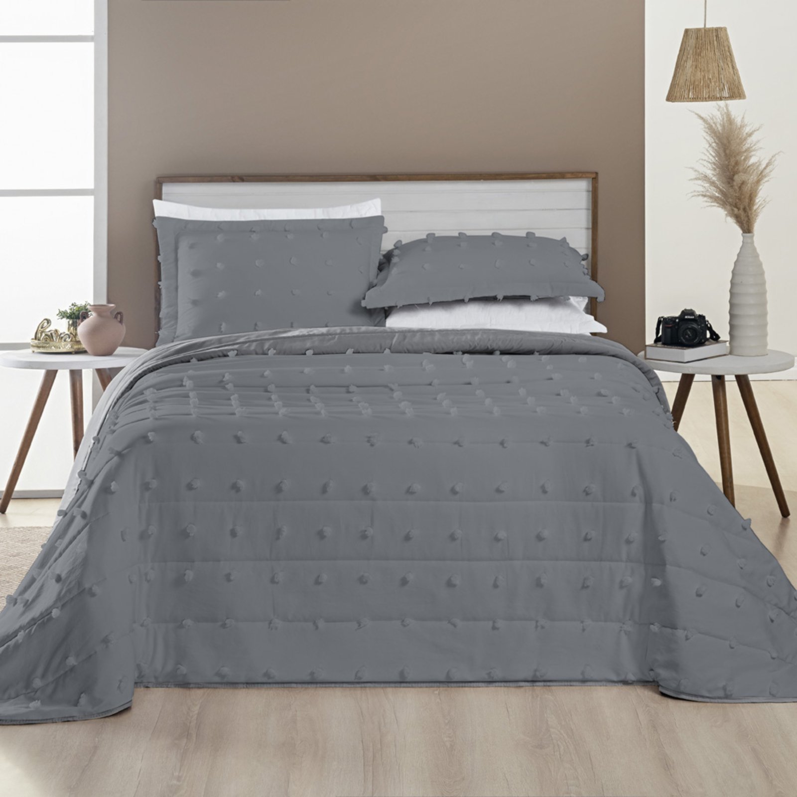 Kit Cobre Leito Colcha Casa Scarpa Alexa Pompom King Dupla Face Micropercal 3 Peças - Cinza