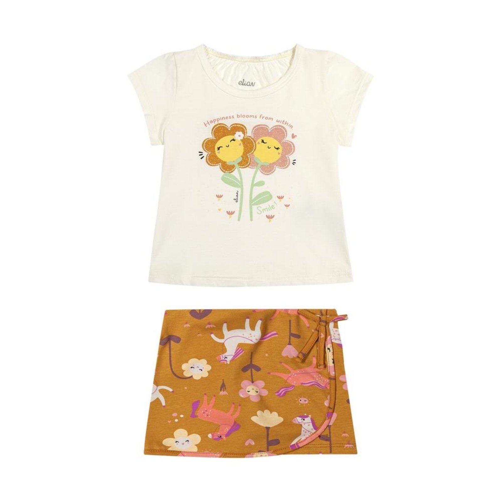 Infantil - Conjunto Feminino Camiseta Saia Estampada Elian Off White Marrom 1 Unico