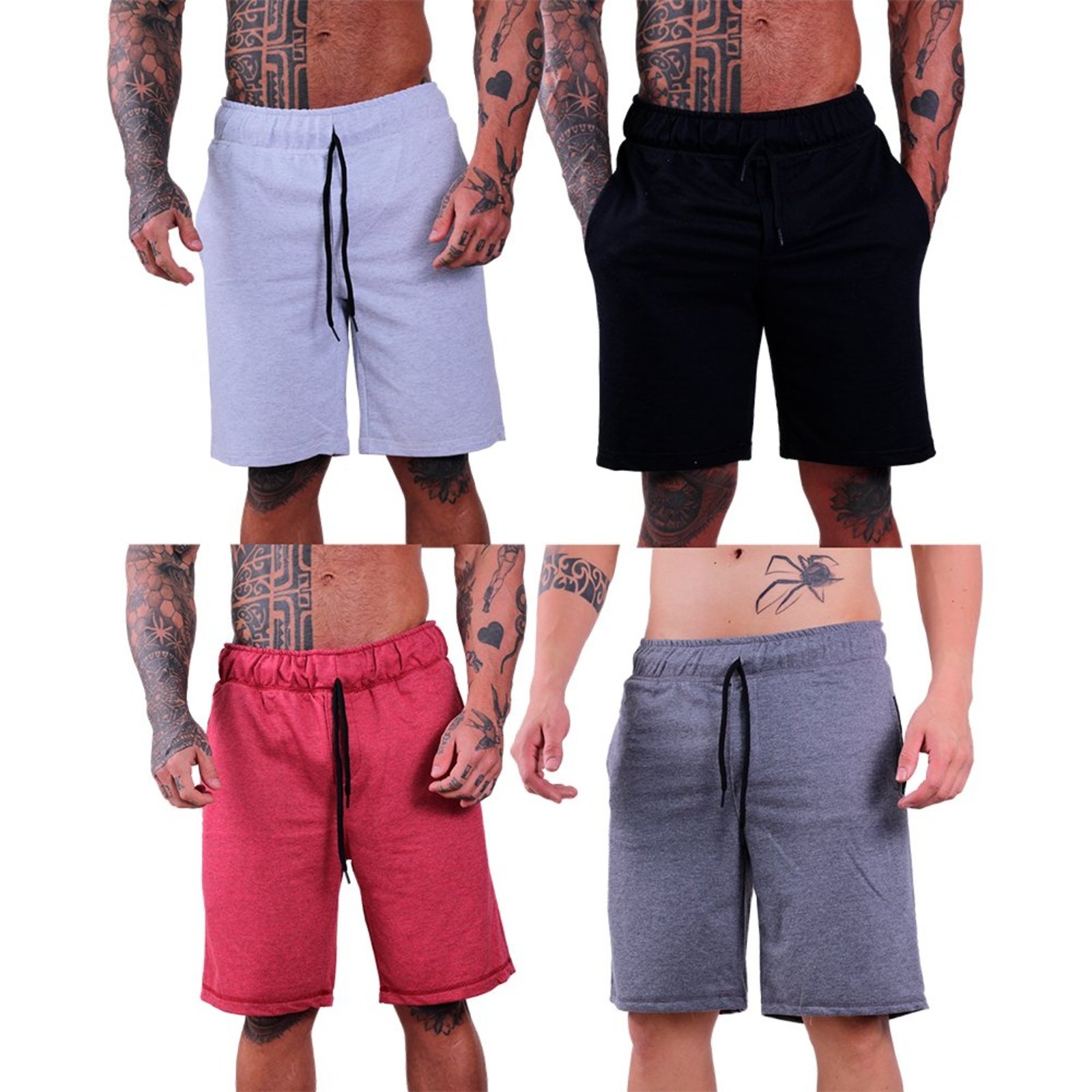 Kit 4 Bermuda Moletom e Moletinho MXD Conceito Academia Musculação Mescla Vermelho, Mescla Escuro, Mescla Alvejado e Preto