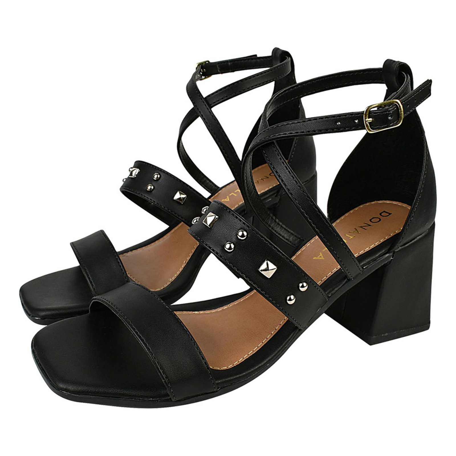 Sandália Feminina Salto Alto Donatella Shoes Bico Quadrado Casual Spike Hotfix Santorine Preto