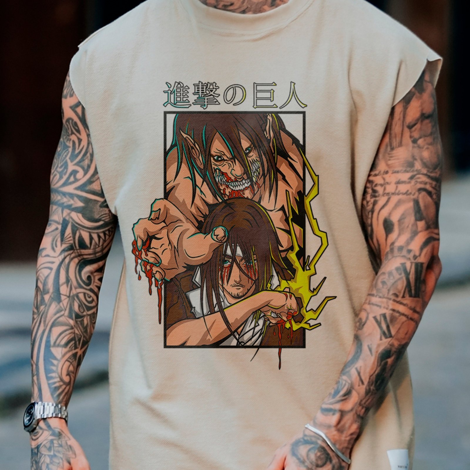 Camiseta Regata Machão Attack on Titan Eren Forma Titã Estampa Anime Masculina Off White