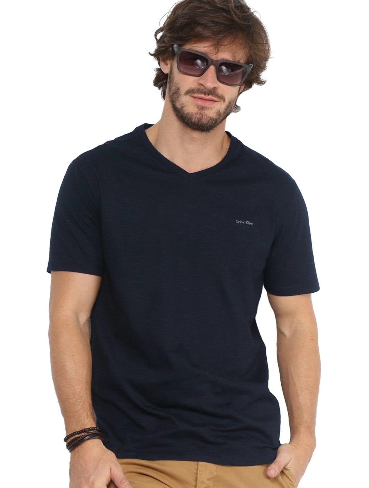 Camiseta Calvin Klein Masculina V-Neck Logo Flamê Azul Marinho