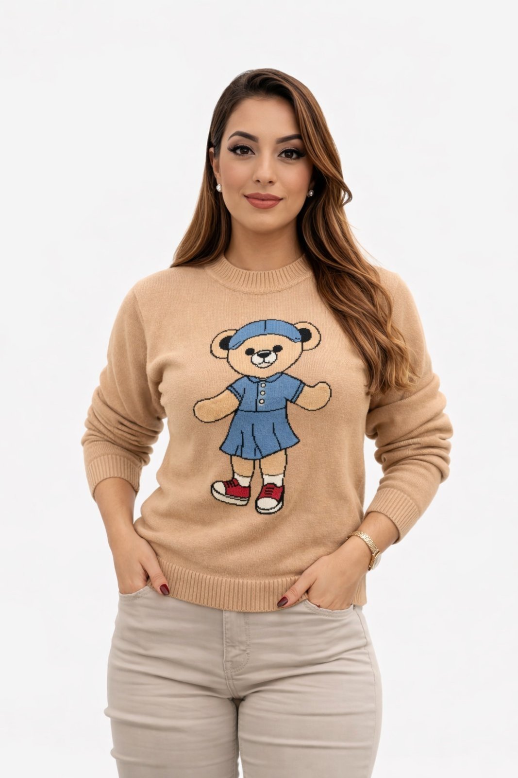 Suéter Tricôt D Bell Outlet Fashion Urso Bege