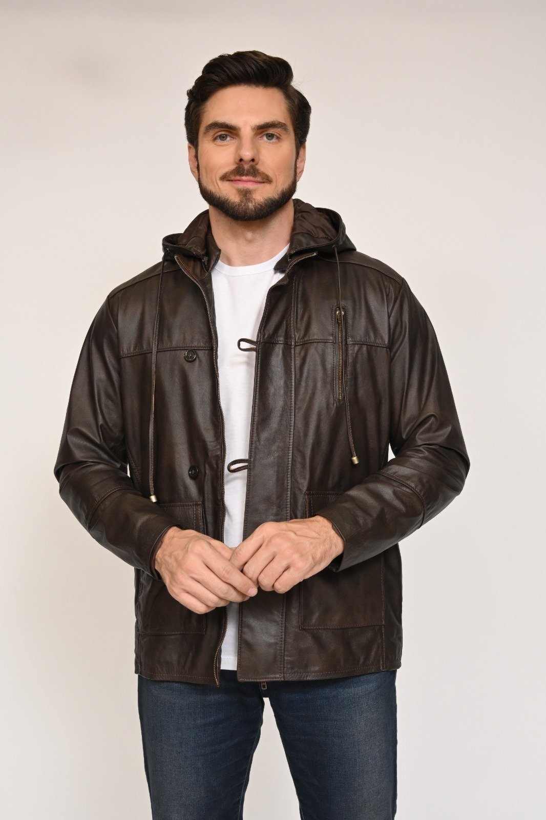 Parka de Couro Marrom Envelhecido