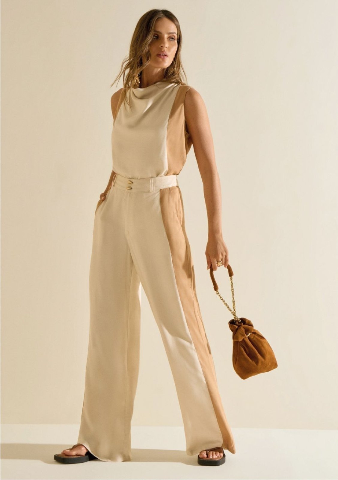 Calça Morena Rosa Pantalona Alta Bege