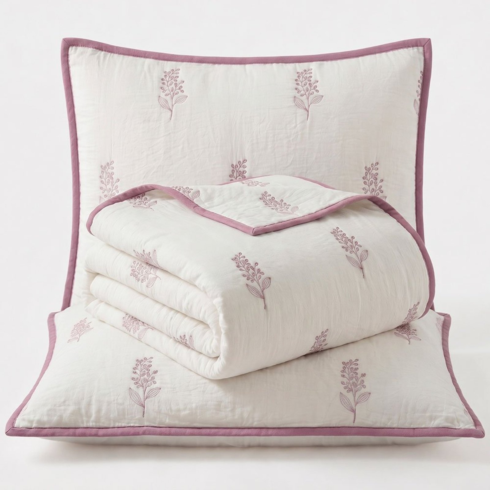 Kit Cobre Leito Charme Queen Percal 300 Fios Colcha Bordado Floral Localizado 3 Peças Lavanda