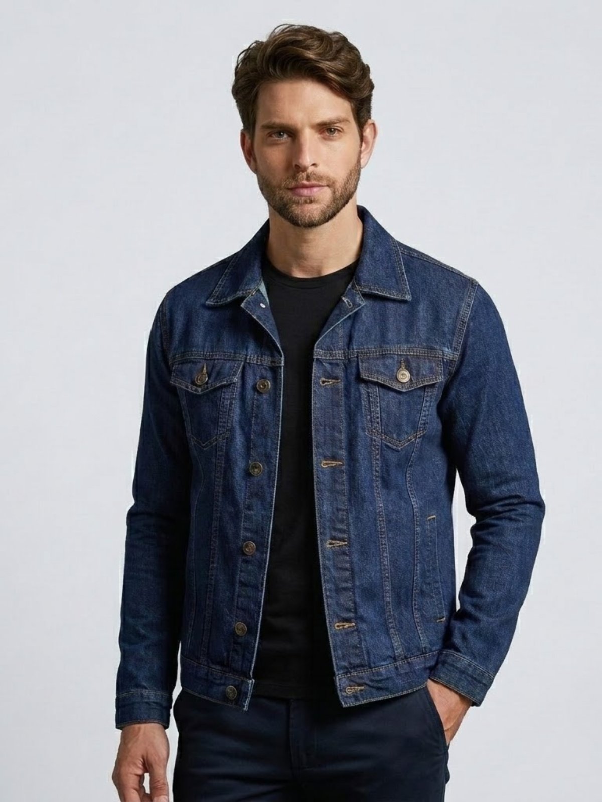 Jaqueta Masculina Jeans Azul Escuro com Bolsos Externo e Interno Básica Premium 100% Algodão Casaco Masculino Casual