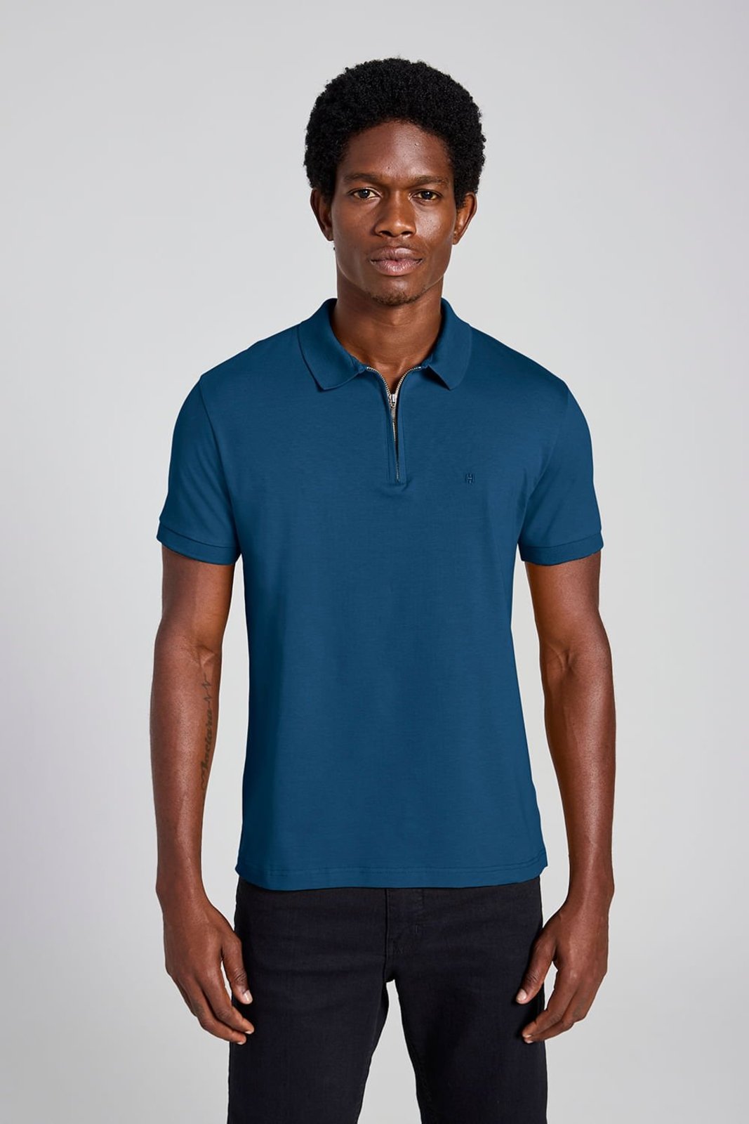HIGHSTIL Camisa Polo com Zíper Malha Slim - Azul Noturno