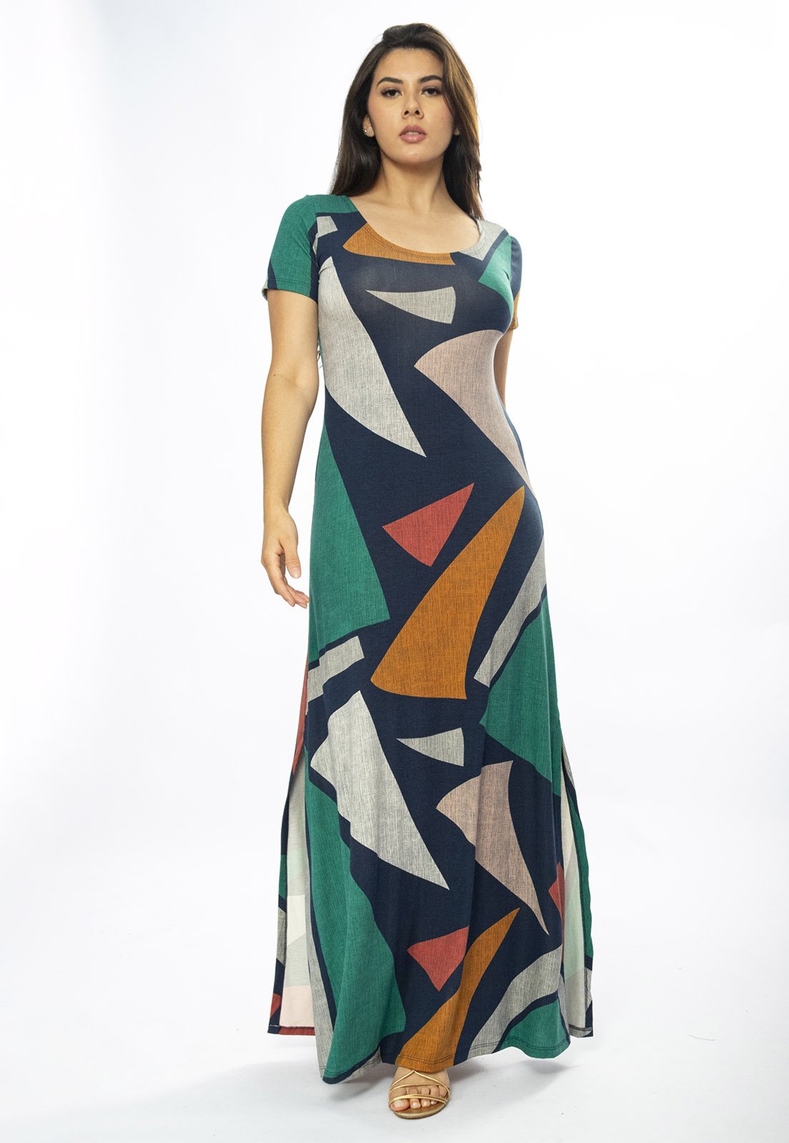 Vestido Longo Amazônia Vital Malha Gola Canoa Manga Curta Geometrias do Tempo