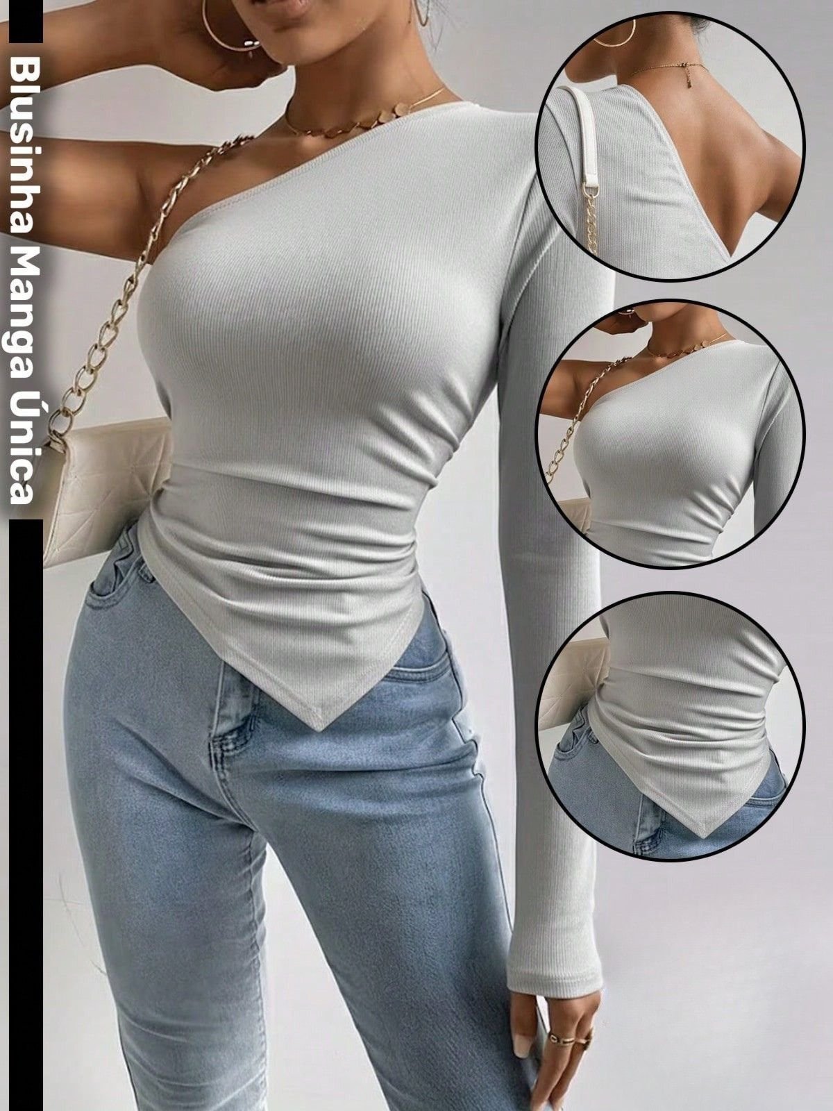 Blusa Feminina Assimétrica Nula Manga Safira Moda Cinza