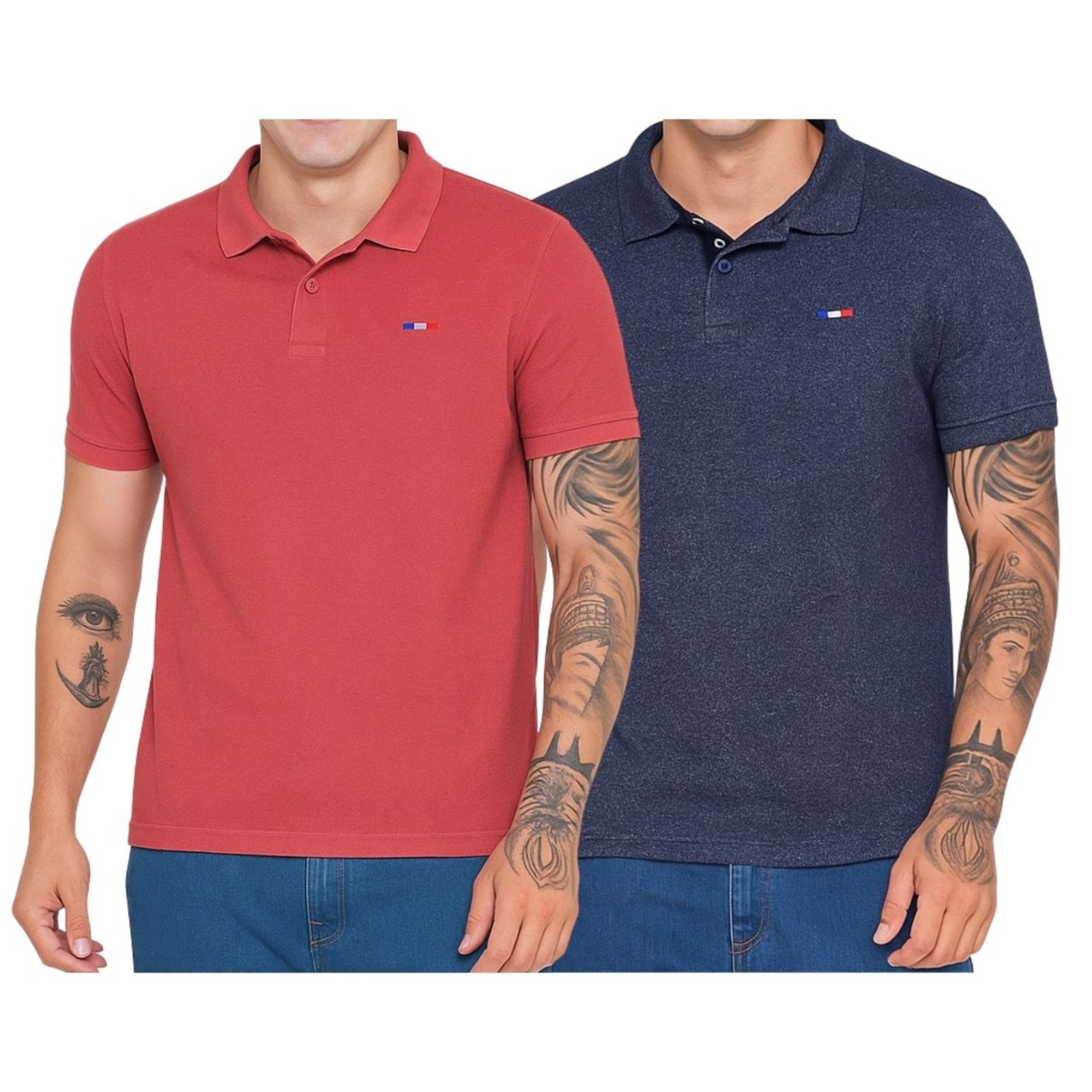 Vista 2 Kit 2 Polos Masculina Básicas FMF e Azul Jeans Piquet no Estilo Tommy Bordado França coral FMF coral