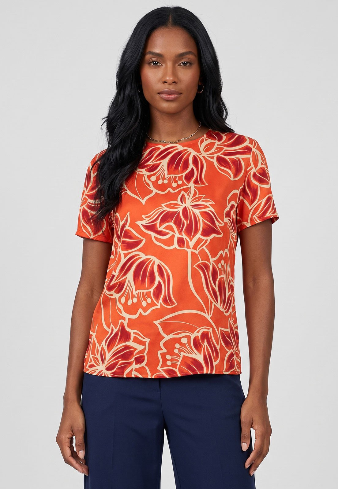 Blusa Feminina Lez a Lez Estampa Floral Laranja