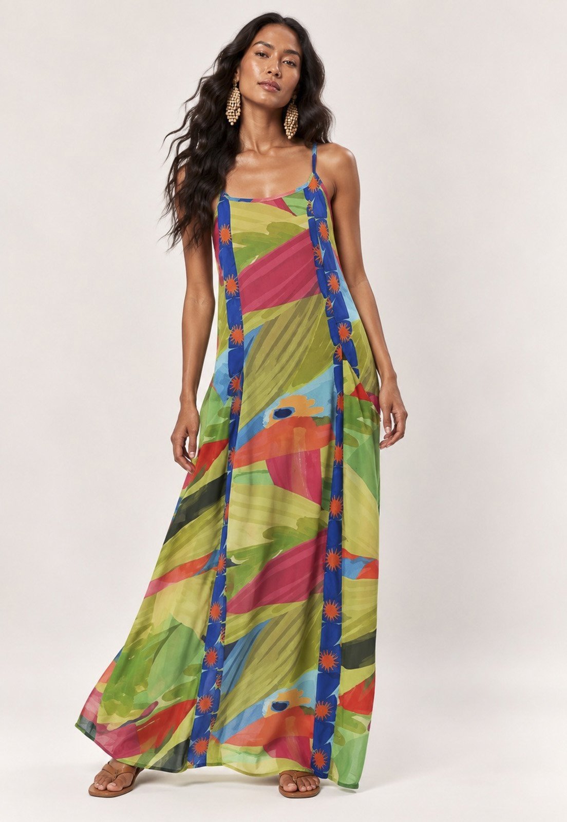 Vestido Amazonia Vital Longo Anambé Viscose com Bolsos Estampa Mata em Aquarela