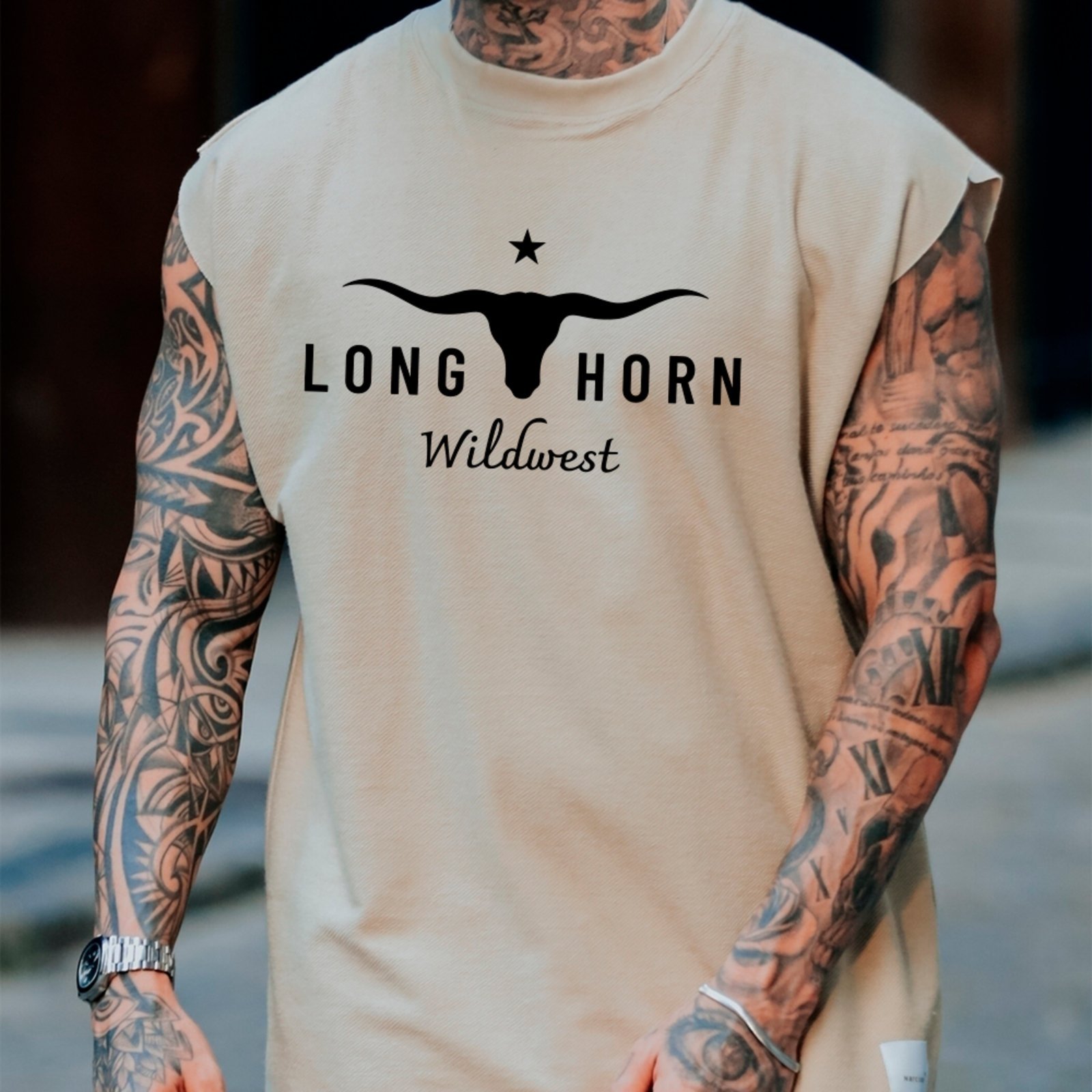 Camiseta Regata Machão Country Longhorn Wildwest Visual Exclusivo Ranch Wear Masculina Off White