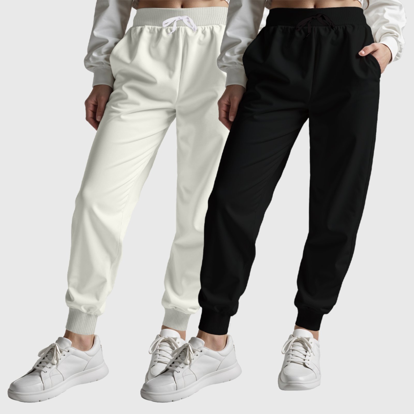 Kit 2 Calças Femininas Moletom Lisas Benellys Básicas Off-white e Preto
