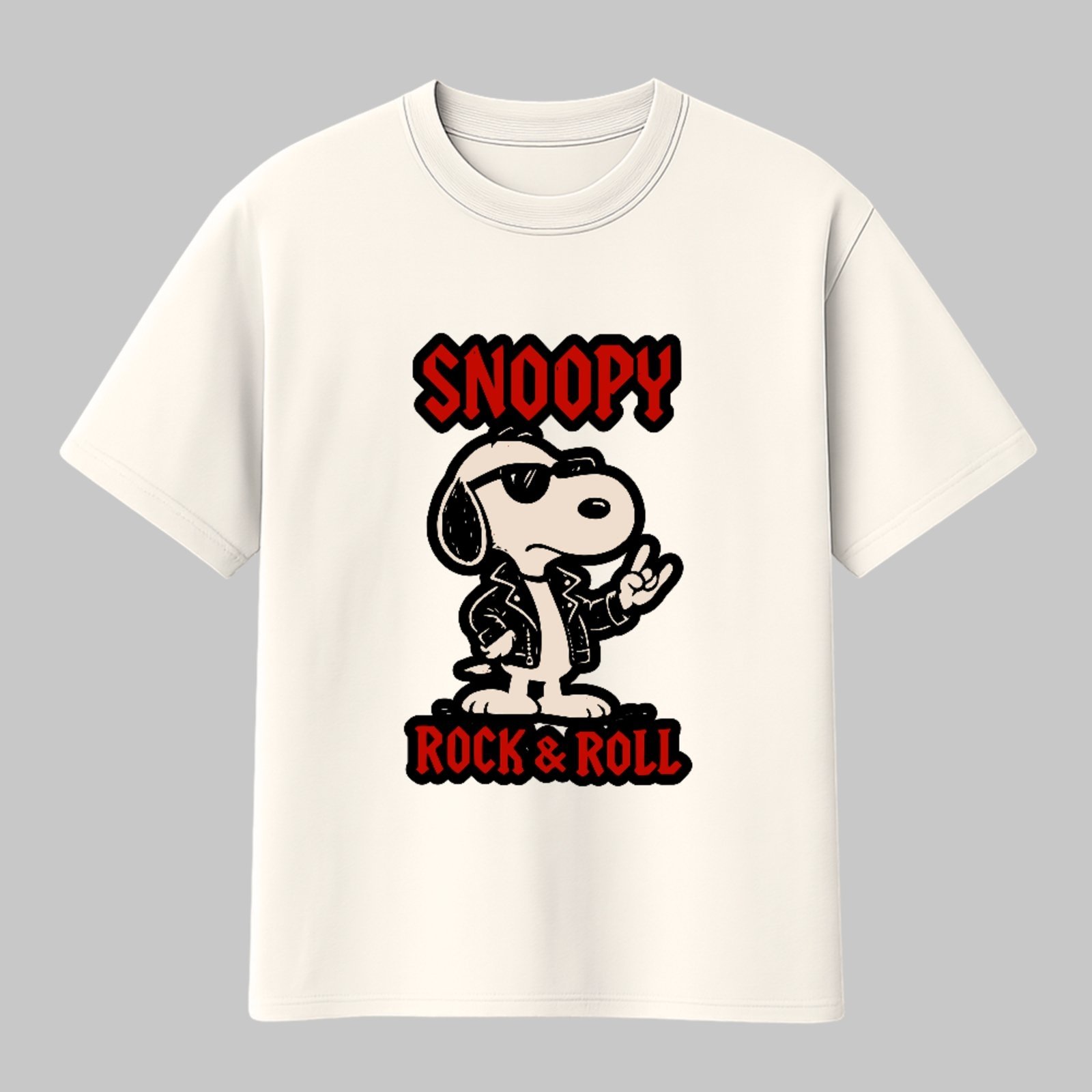 Camiseta Básica Rock N Roll Retrô Snoopy Unissex Off White