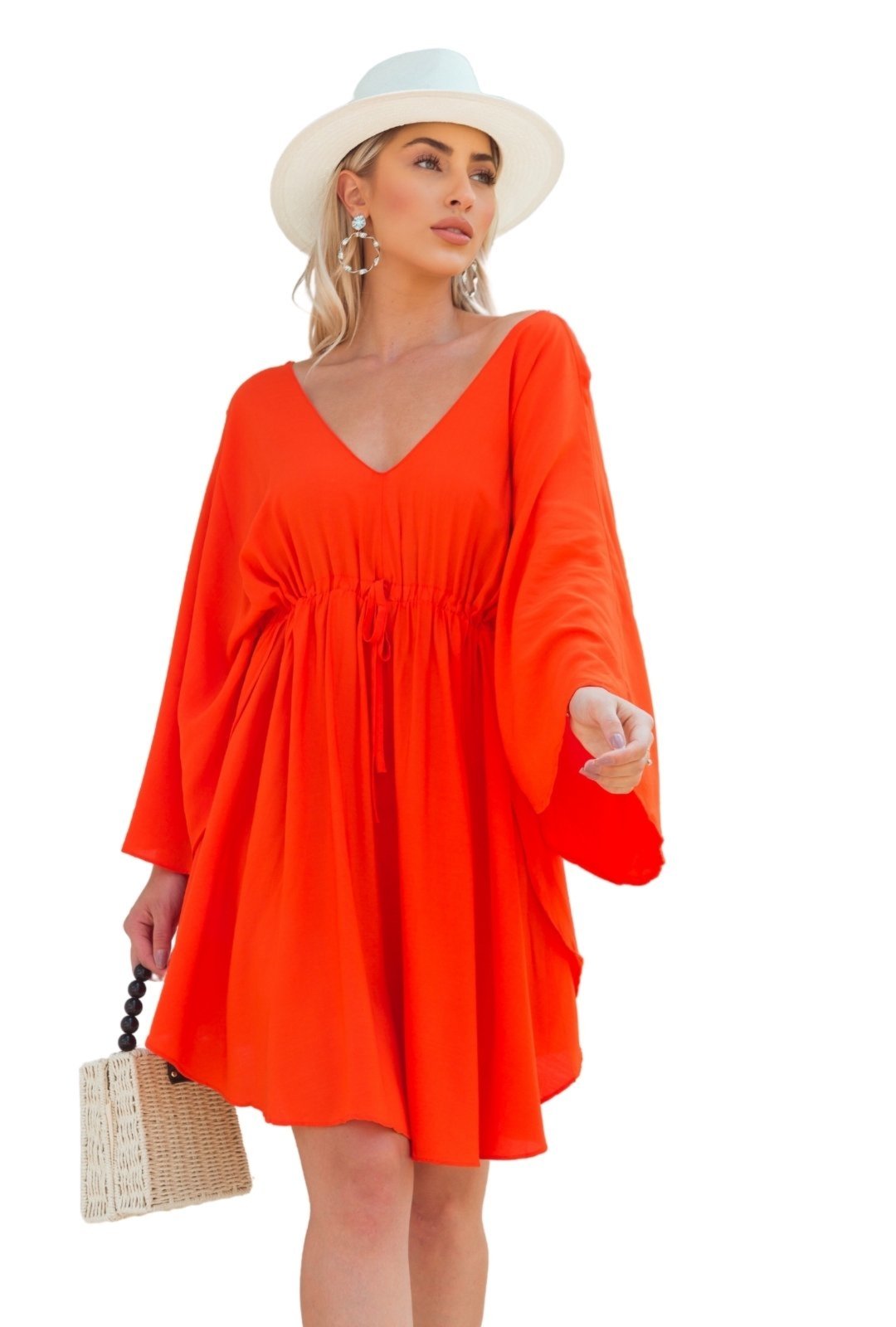 Vestido de Verão Barbará Curto manga Morcego Amarração Verde Laranja