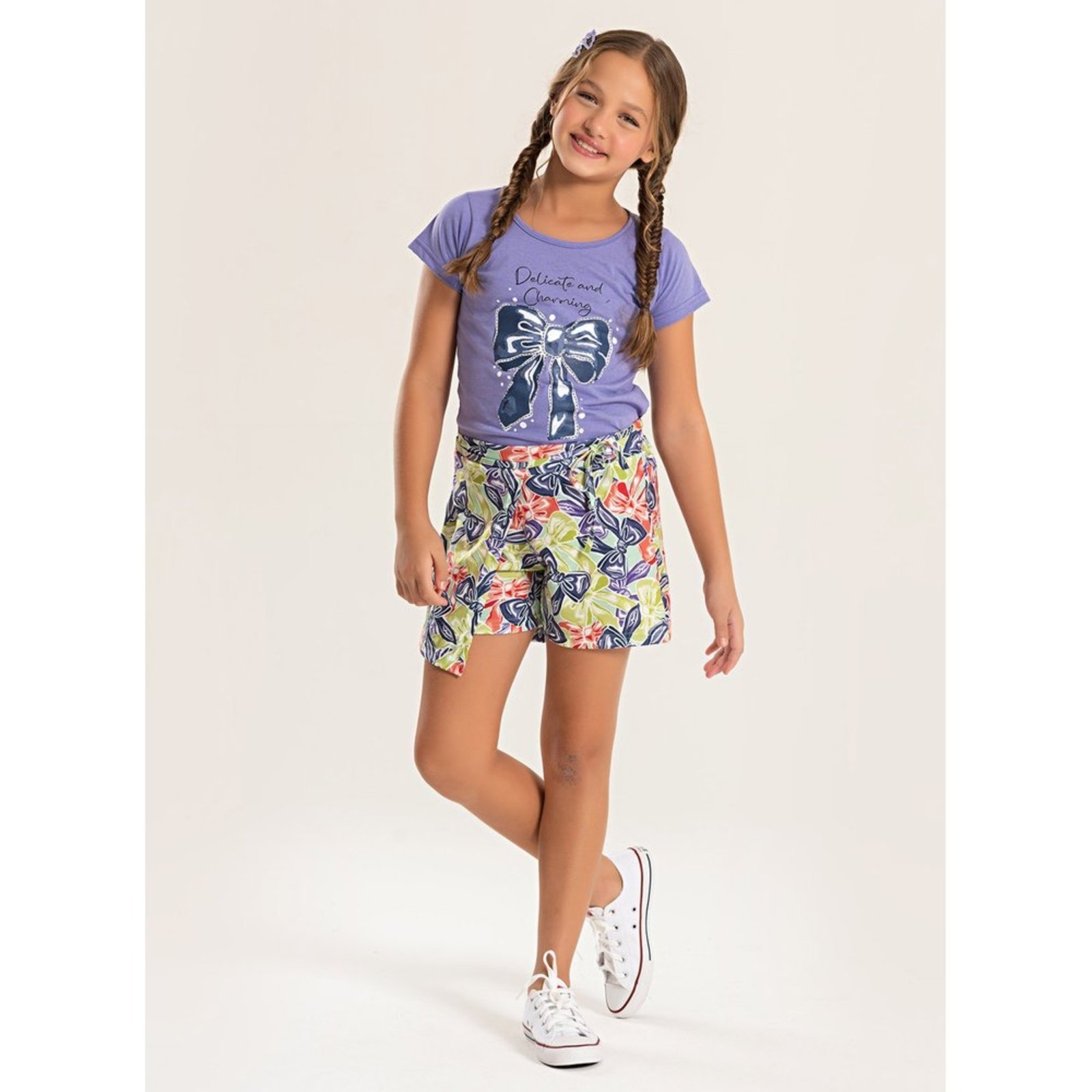 Infantil – Conjunto Molekada Verão Menina Roxo Blusa e Shorts Saia Laços Delicados
