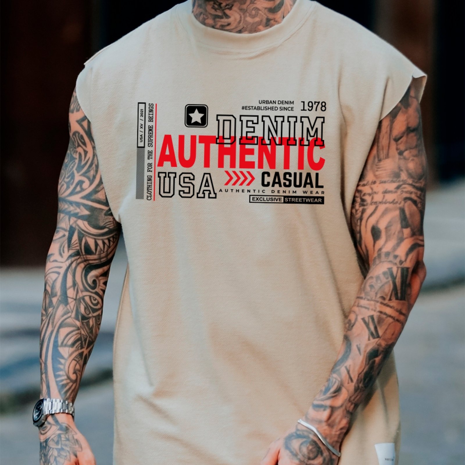 Camiseta Regata Machão Ousy Authentic Denim USA Oversized Masculina Off White