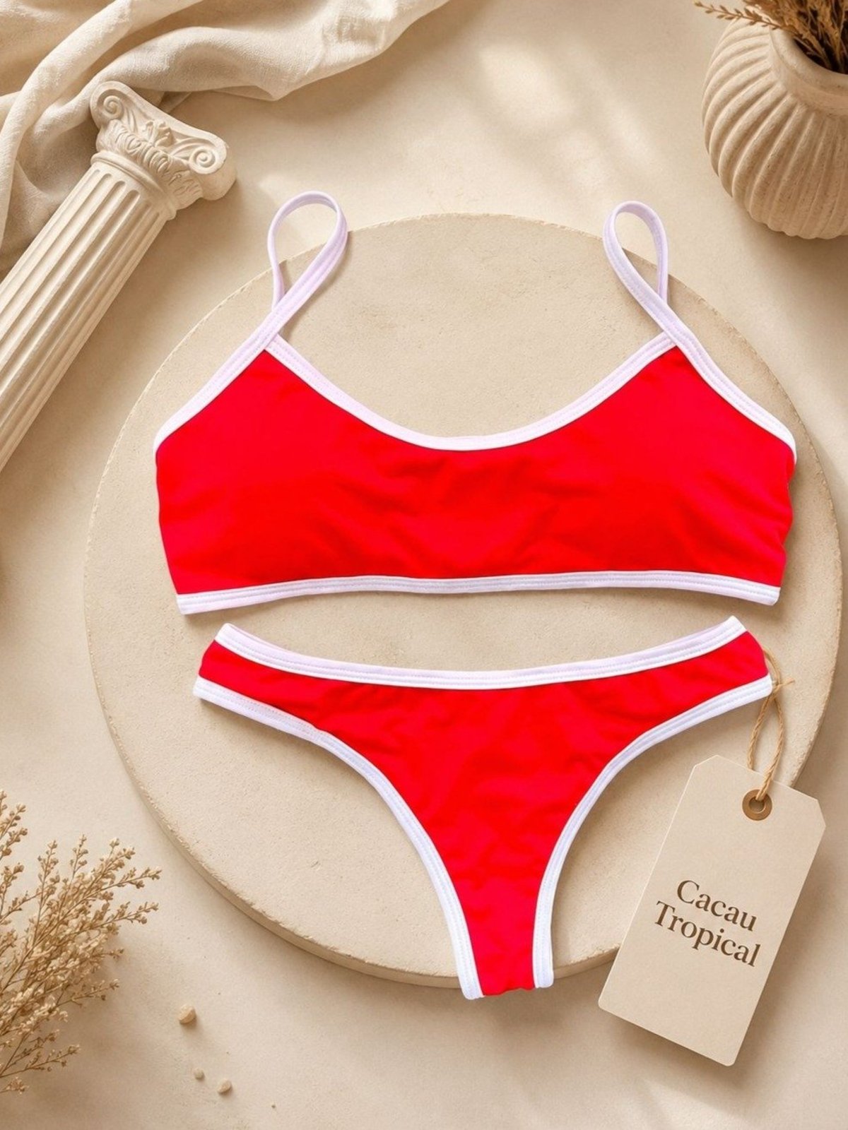 Biquíni Vermelho Feminino com Acabamento Branco Cacau Tropical Estilo Praia Piscina e Verão