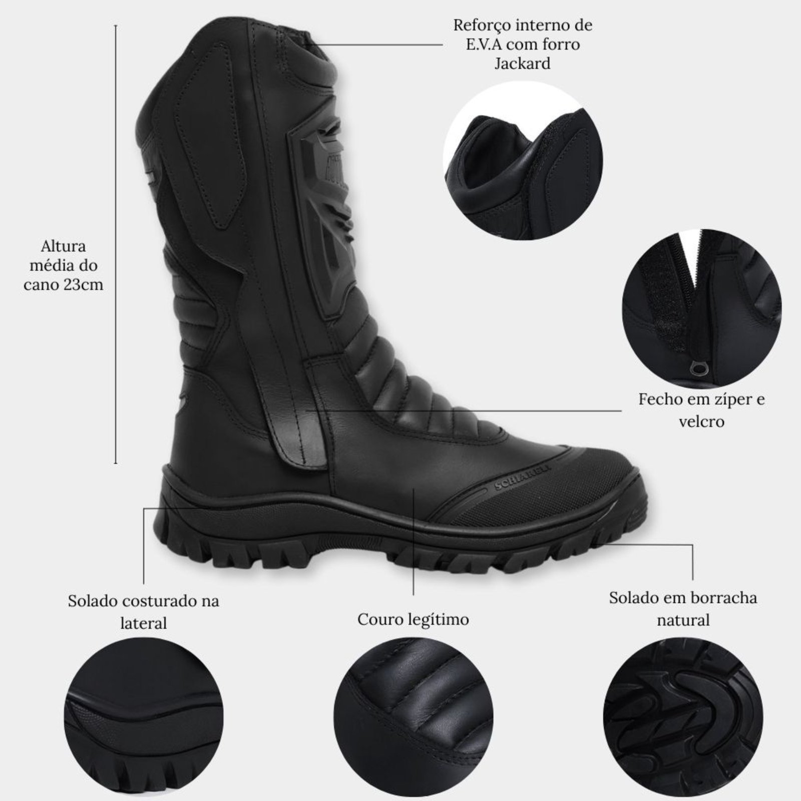 Vista 3 Bota Coturno Preta Masculina Couro Legítimo Militar Tático Exército Confortável Cano Alto 1020 Schiareli preto Schiareli preto