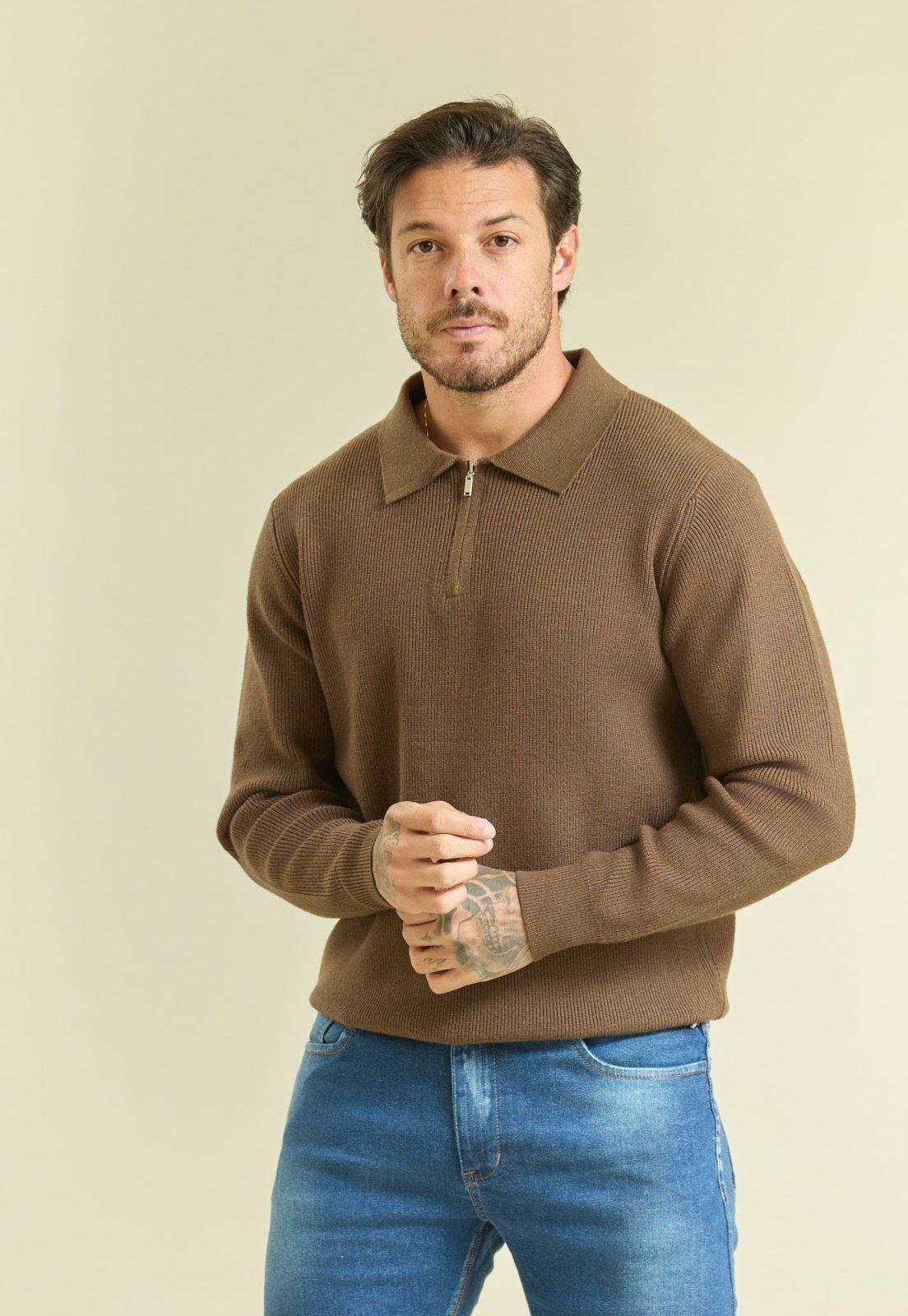 Suéter de Tricot Meio Zíper Masculino Over Café Dialogo