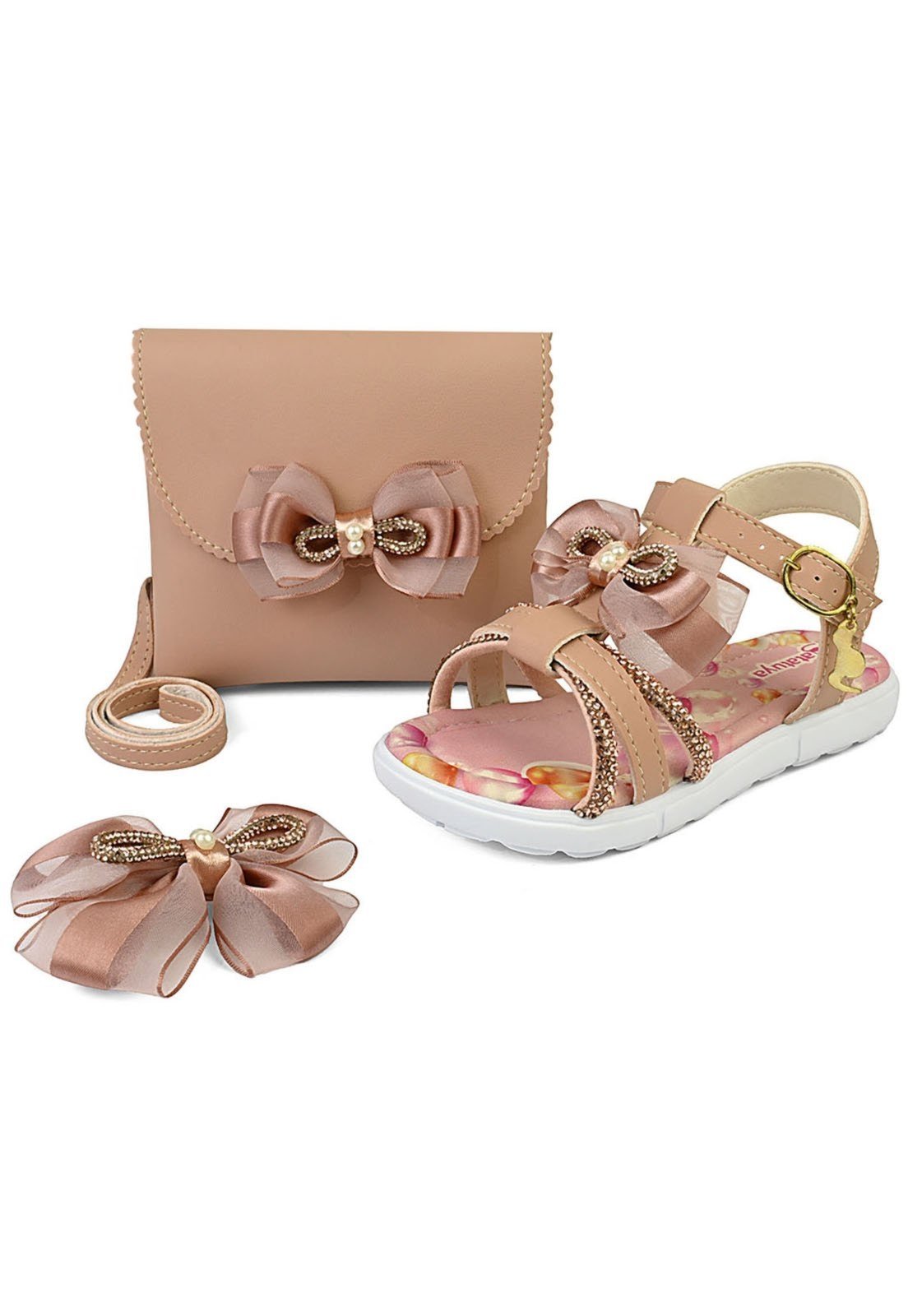 Infantil – Kit Sandália Feminina Laço Menina Luxo Bolsa e Presilha Nude/Glitter Mzkid