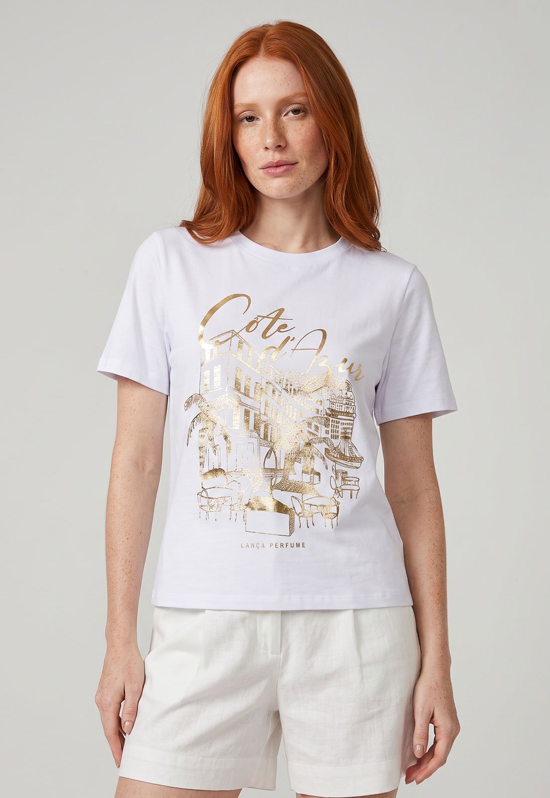 Camiseta Feminina Lança Perfume Estampa Dourada Branca