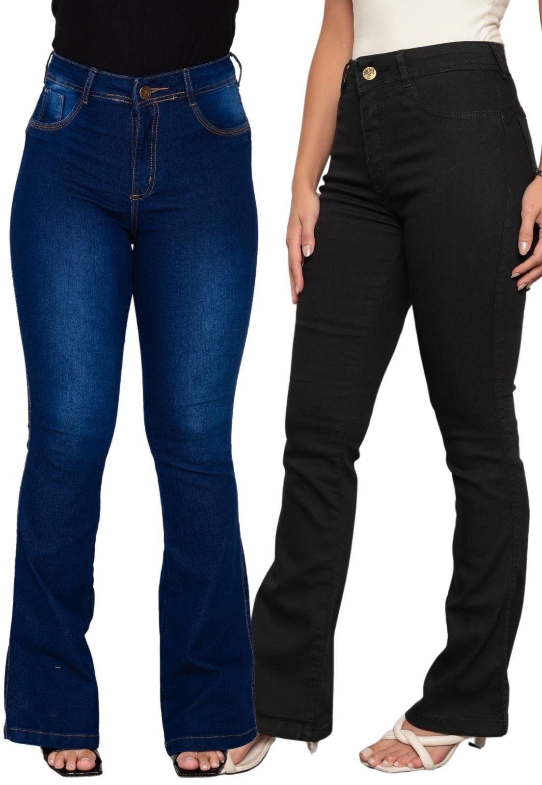 Vista 2 KIT 2 Calça Feminina Flare Mys Jeans Cintura Alta Confortável Manchado e Preto Ethereal Jeans azul/preto azul Ethereal Jeans azul/preto azul