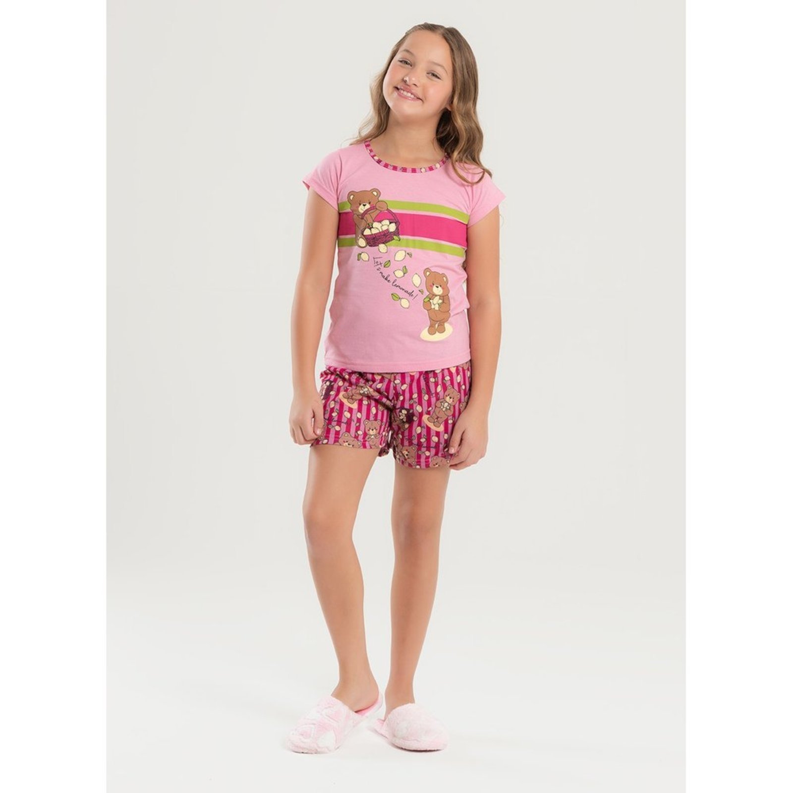 Pijama Verão Menina Rosa Blusa e Shorts Ursinhas