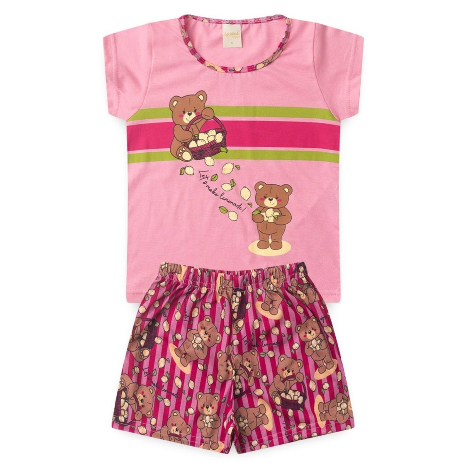 Vista 3 Pijama Verão Menina Blusa e Shorts Ursinhas Molekada rosa Molekada rosa