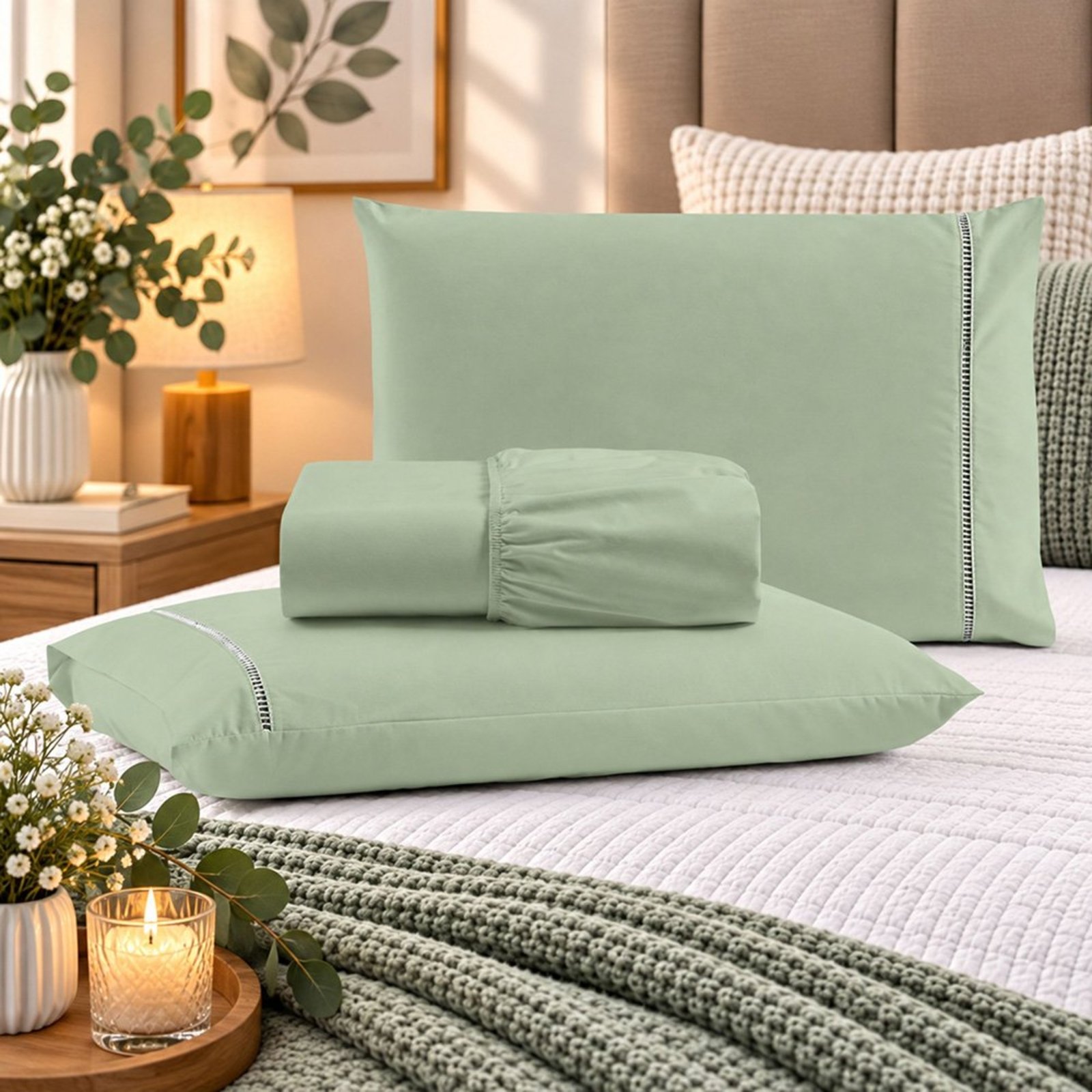 Jogo de Cama Lençol Casal Pluma Percal 180 Fios 3 Peças 100% Algodão - Verde Claro