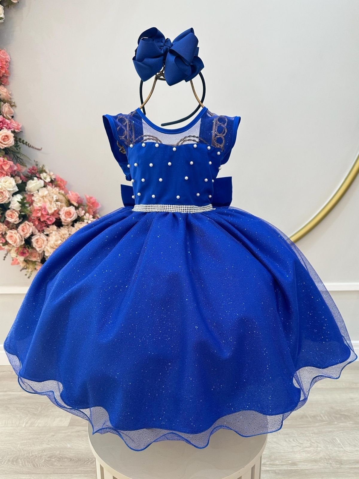 Infantil - Vestido Festa Azul Royal Cobalto Formatura Florista Casamento Pérolas Dama Daminha Social Menina Juvenil Pérolas Princesa Rodado Aniversário Luxo