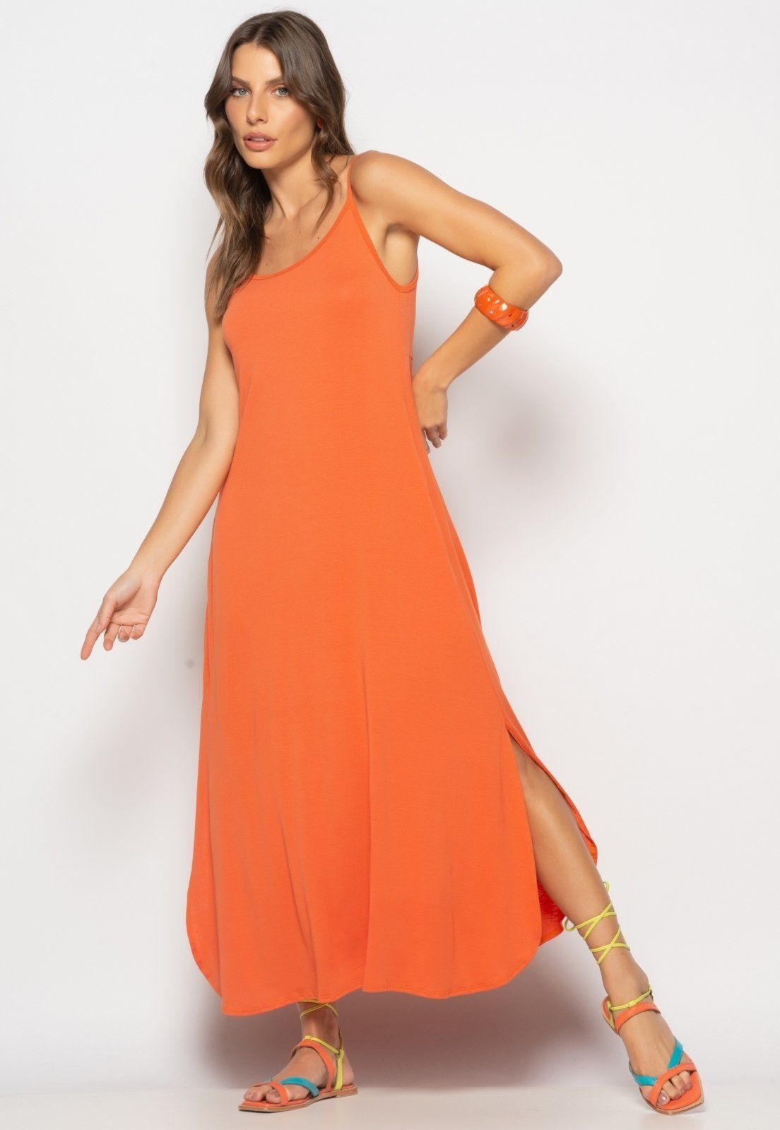 Vestido Longo Alcinha Com Barra Arredondada E Bolsos Salvatore Terra